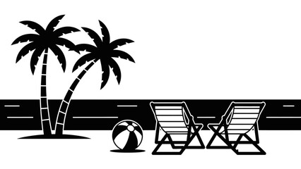 Obraz premium Minimalist Beach Scene with Palm Trees, Deck Chairs and Ball Silhouette