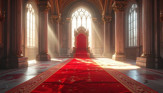 Regal Throne Room: Grand Hall with Red Carpet and Sunlight Rays