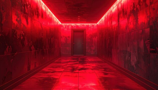 Dark Red Corridor with Neon Lighting and Closed Door
