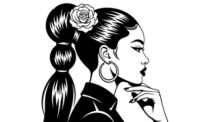 Black and White Profile Portrait of a Stylish Woman with Rose and Ponytail © ISLAH