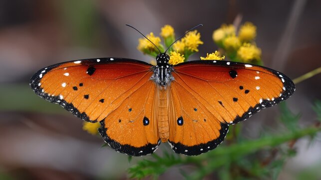 Plain Tiger butterfly with wings open on yellow flower.