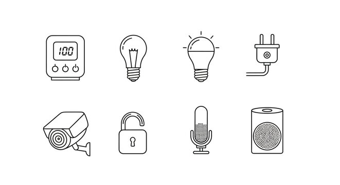Smart home technology vector icons lightbulb security camera power plug
