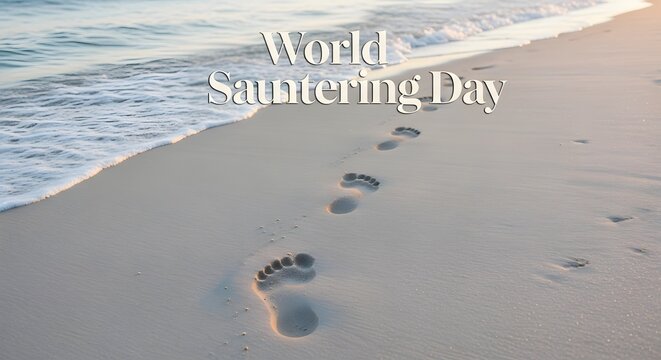 Footprints in sand beach for world sauntering day slow pace concept