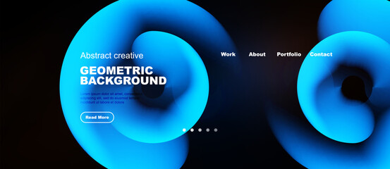Naklejka premium Abstract blue shapes form dynamic website header. Text overlays design, promoting creative geometric background. Navigation visible.