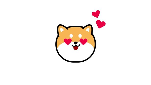 A golden Shiba Inu love sticker showing a happy dog face with heart-shaped eyes and small red hearts floating above