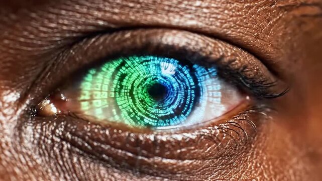 A close-up of a brown eye with a futuristic blue-green iris scan