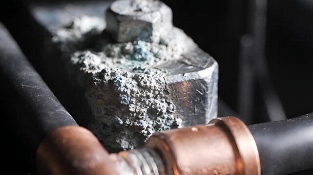 Close up of corroded battery terminal with green and white buildup.