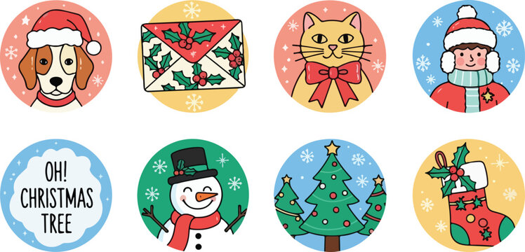 Festive christmas icons set dog letter cat child tree snowman stocking