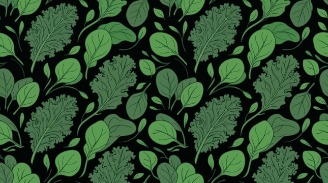 Green leafy vegetable pattern on black background