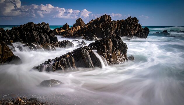 Rocky shore with churning waves
