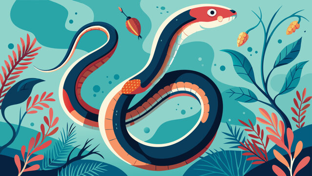 Stylized snake and koi fish swimming in vibrant aquatic jungle with tropical plants and bubbles