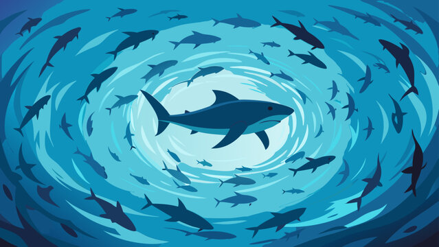 School of sharks swimming in circular motion underwater with dynamic blue waves pattern