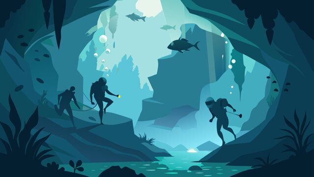 Scuba divers exploring vibrant underwater cave with tropical fish and coral reefs in blue ocean