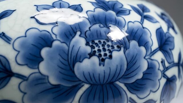 Closeup of a blue and white porcelain vase with floral patterns.