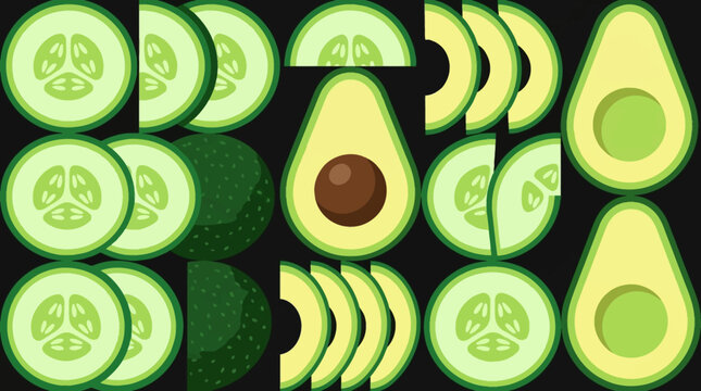 Avocado and cucumber slices on black background