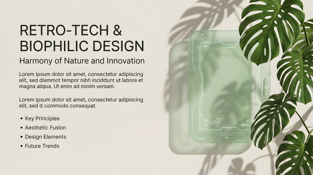 Presentation slide template with glass tablet mockup and monstera plant biophilic design