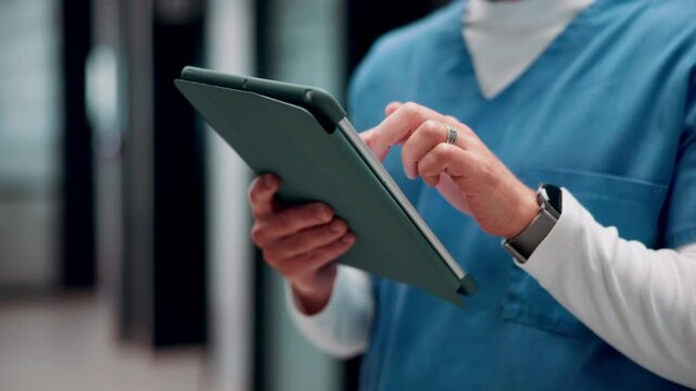 Nurse, hands and scroll in hospital with tablet, research patient medical history or online test results. Healthcare worker, person and typing in clinic with tech, telehealth website or check report.
