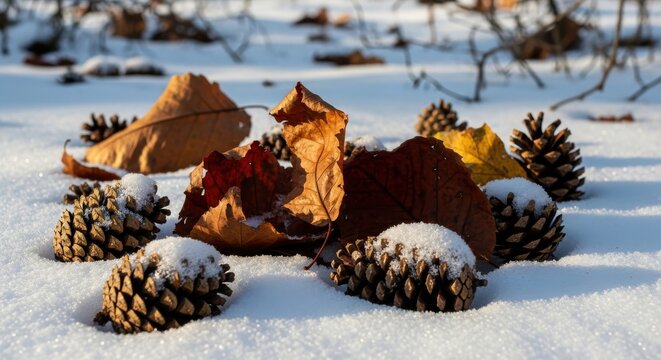 Scattered Pinecones and Dried Leaves Covered in Snow
