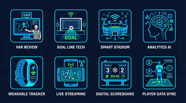 World Cup Football Tech Analytics Icons Set - Cyber Soccer Technology & Player Data Vector