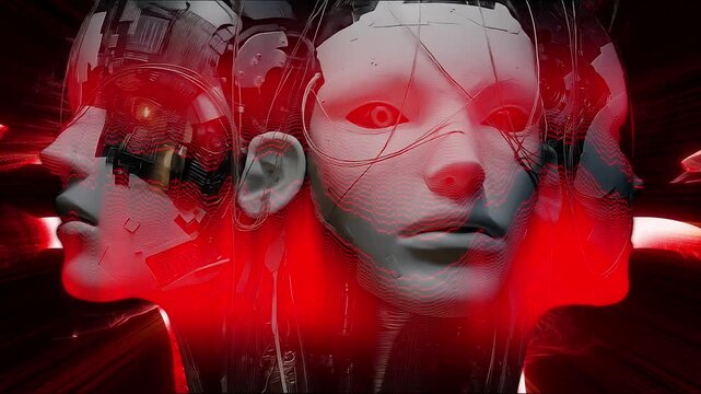 abstract 3d loop of futuristic cyborgs with red glowing eyes and digital brain implants