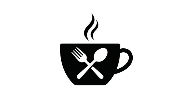 Stylized coffee cup with crossed fork and spoon, representing a cafe, restaurant, or dining experience