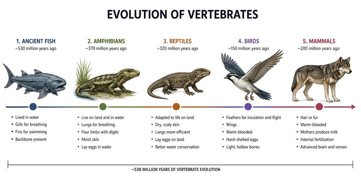 Detailed Evolution of Vertebrates Chart with Fish Amphibians Reptiles Birds and Mammals