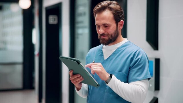 Nurse, man and typing in hospital with tablet, research patient medical history and online test results. Healthcare worker, person and browsing in clinic with tech, telehealth website and diagnosis.