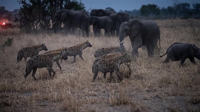 Hyenas stalking and hunting elephant cub at night, Hwange National Park, Zimbabwe.