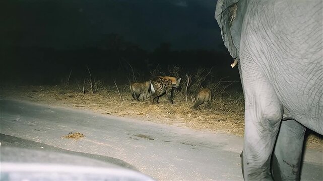 Hyenas stalking and hunting elephant cub at night, Hwange National Park, Zimbabwe.