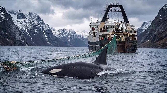 The orca or killer whale (Orcinus orca) eat some fish escape the nets from Trawlers ship in the Norwegian sea, the fjords of Norway.
