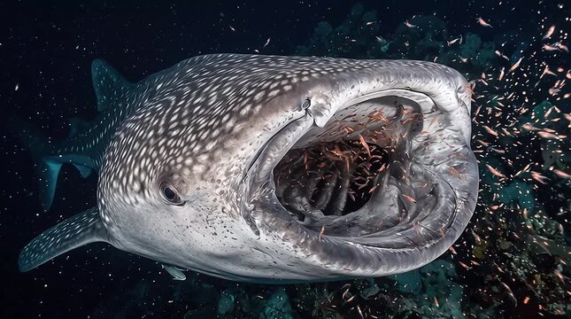 Close up portrait of Whale Shark (Rhincodon typus) with open mouth, feeding krill in the night, Great Barrier Reef, Australia.
