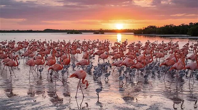 A flock of Caribbean flamingos (Phoenicopterus ruber) and chicks in breeding season with sunset, Yucatan Peninsula, Mexico.
