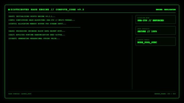 Futuristic Distributed Hash Engine Cryptographic Compute Core SHA256 Green UI Dashboard Screen Display.