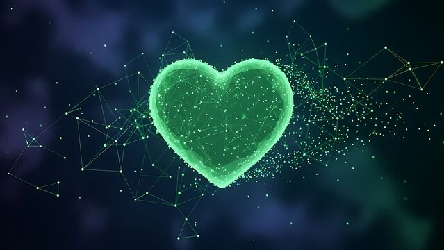 Glowing Green Digital Heart with Network Connections.
