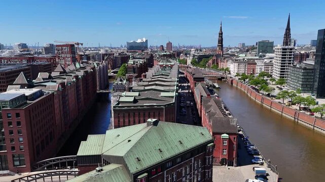Hamburg, Germany - 28 May 2026: Aerial view of Speicherstadt warehouse district with historic red brick buildings and canals under a clear blue sky.