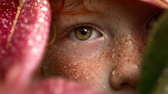 Redhead child with freckles peeking through leaf