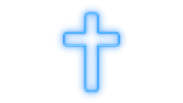 Glowing neon Christian cross icon isolated on transparent background. Religious symbol. Faith sign. Luminous crucifix. Church element. Spirituality.