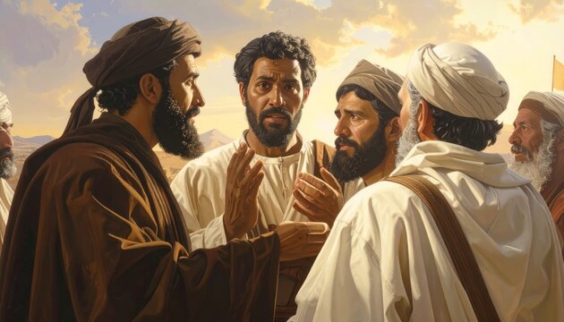 Religious men conversing in desert landscape, historical scene