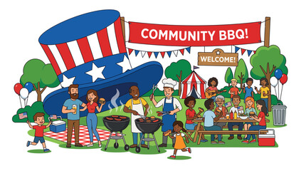 Fototapeta premium Community BBQ Celebration with People and Uncle Sam Hat