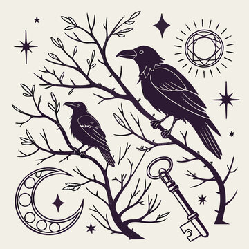 Two crows on branch with moon, key, and stars raven