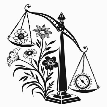 Black silhouette of scales balancing flowers and a clock