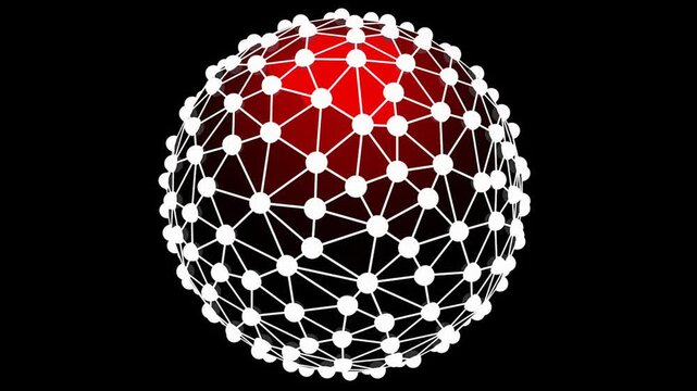 Abstract 3d red glowing sphere with interconnected white lines forming a dynamic loop on black background