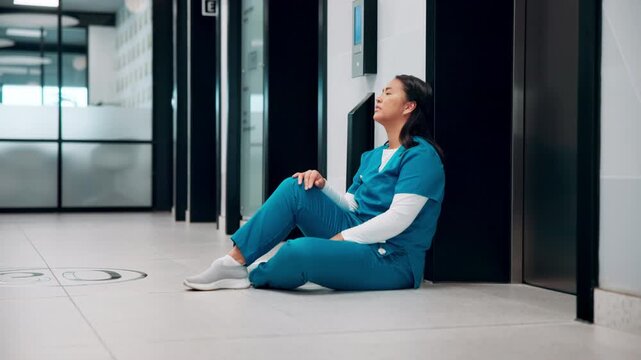 Healthcare, surgeon and woman with burnout in hospital, overwhelmed or thinking of difficult surgery. Unhappy, doctor and person with fatigue after operation mistake, guilt and exhausted in clinic