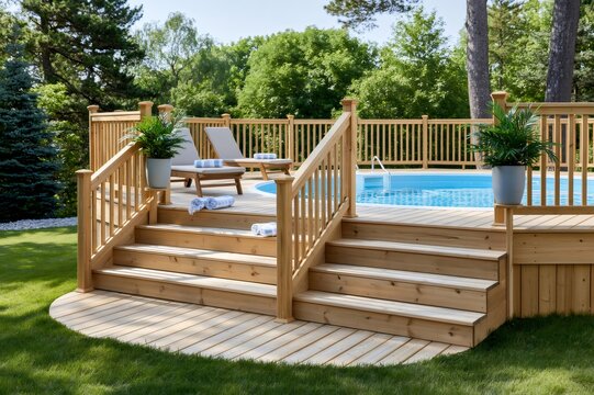 Backyard swimming pool with wooden deck and lounge chairs
