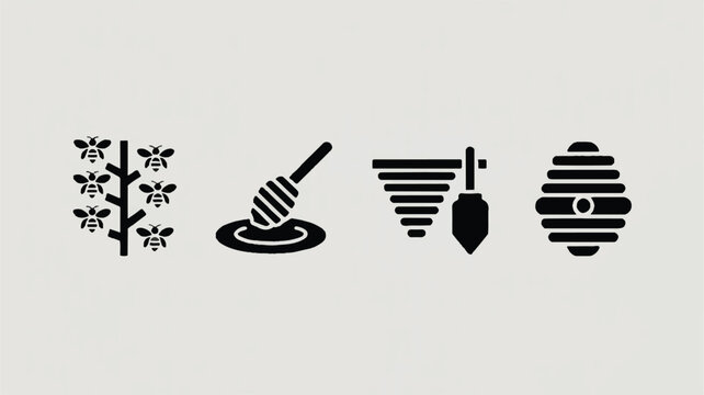 bee icons with hive tree and shovel illustrations