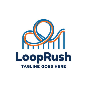 Vibrant blue orange logo design of a stylized roller coaster loop, ideal for amusement parks, adventure travel, or entertainment companies.