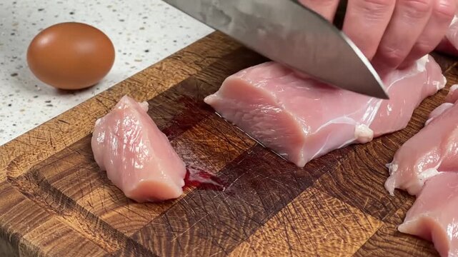 Chef cutting fresh chicken breasts into bite-sized pieces on a wooden cutting board with an egg nearby