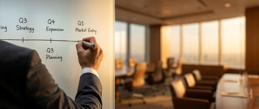 Businessman Writing Strategy Timeline on Whiteboard in Modern Office Meeting Room at Sunset