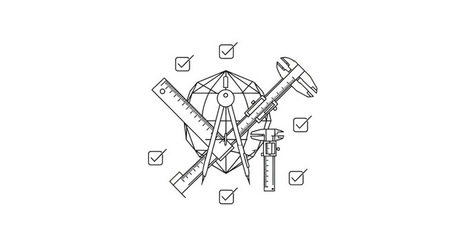 Engineering and quality control tools sketch with globe icon.