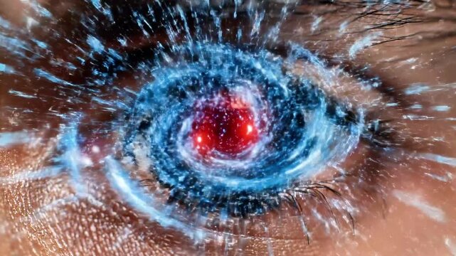 A close-up of a human eye with a vibrant, swirling blue and red design